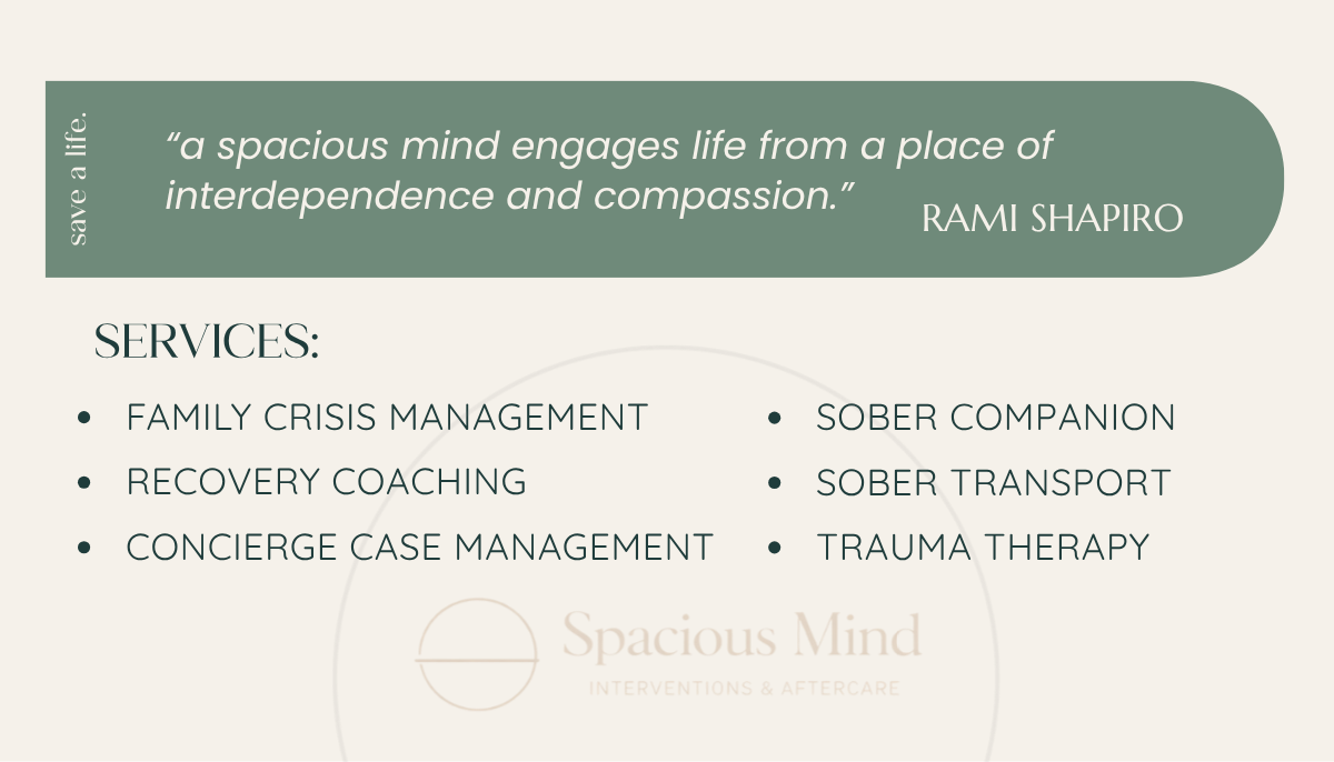 Spacious Mind business card, back: Rami Shapiro quote, six services listed, and watermark logo on deep sea and linen split