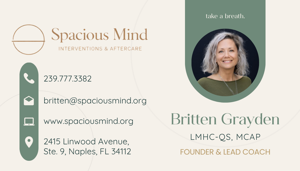 Spacious Mind business card, front: logo, contact details, and founder photo on linen background