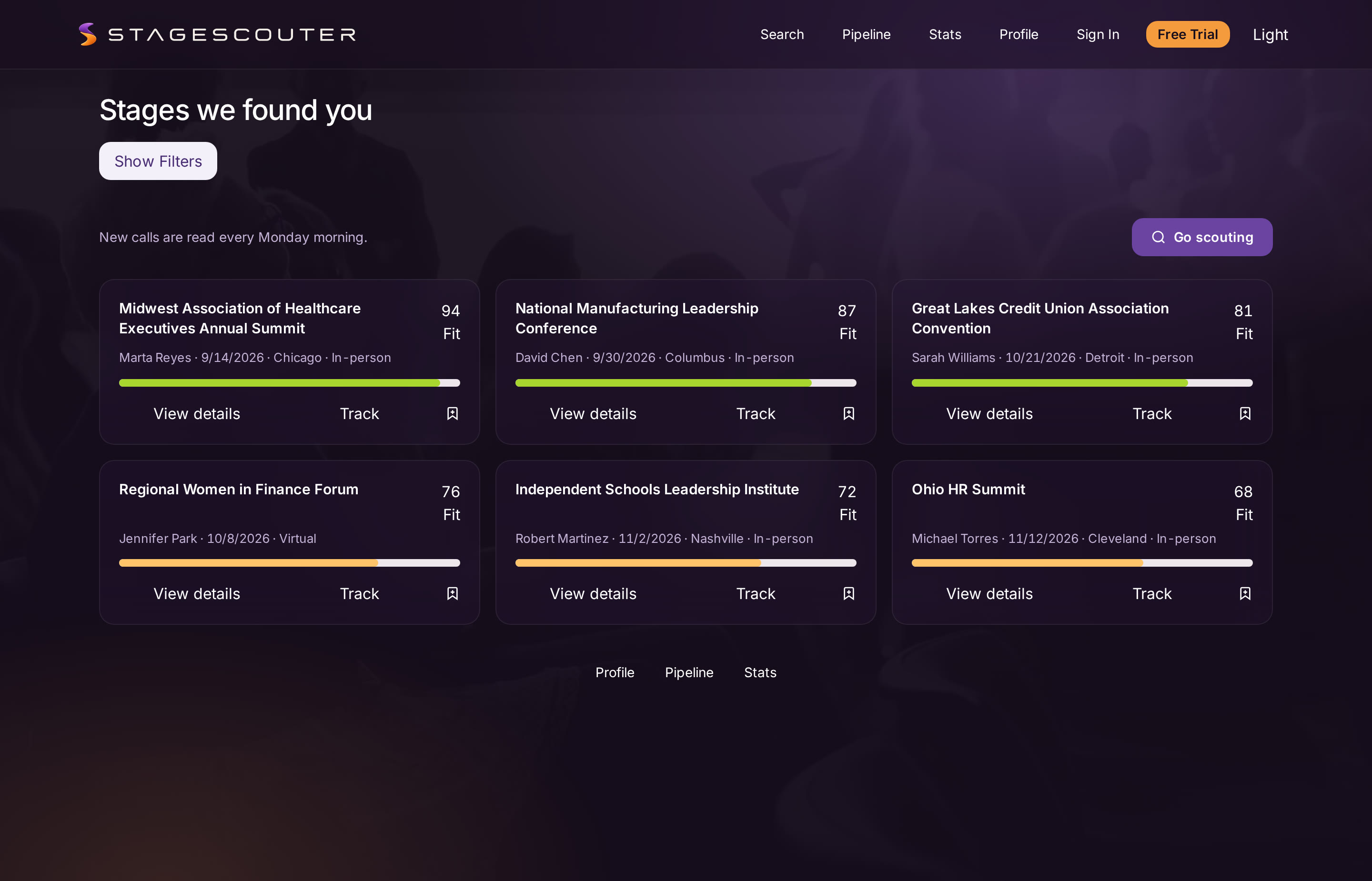 The StageScouter results screen